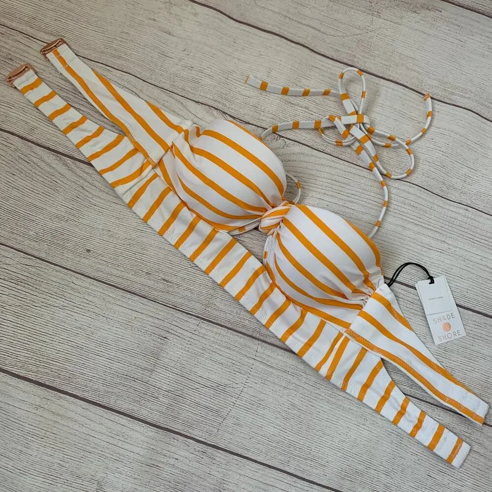 Shade & Shore Yellow and White Stripe Bikini Top Front Keyhole Halter Straps 34A